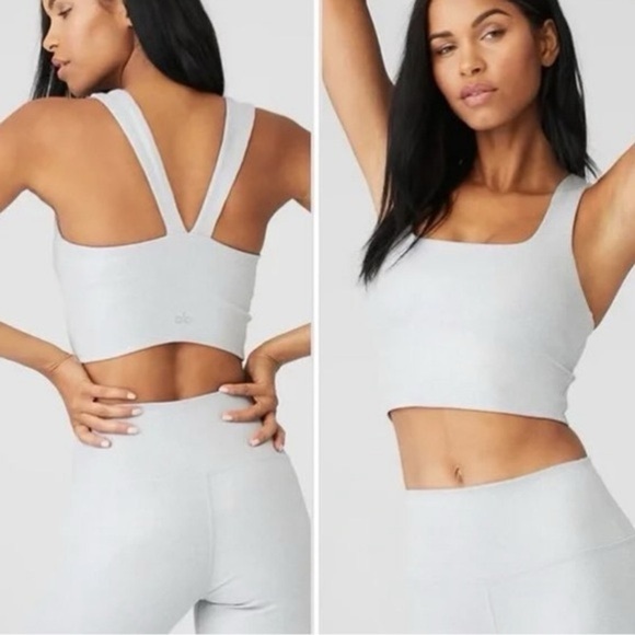 ALO Ribbed Alosoft Longline Sports Bra Athletic Heather squareneck chic tank top - Picture 6 of 8